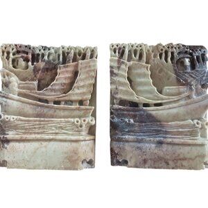 Vintage Chinese Pair Of Soapstone Hand Carved Ship Boat Bookends